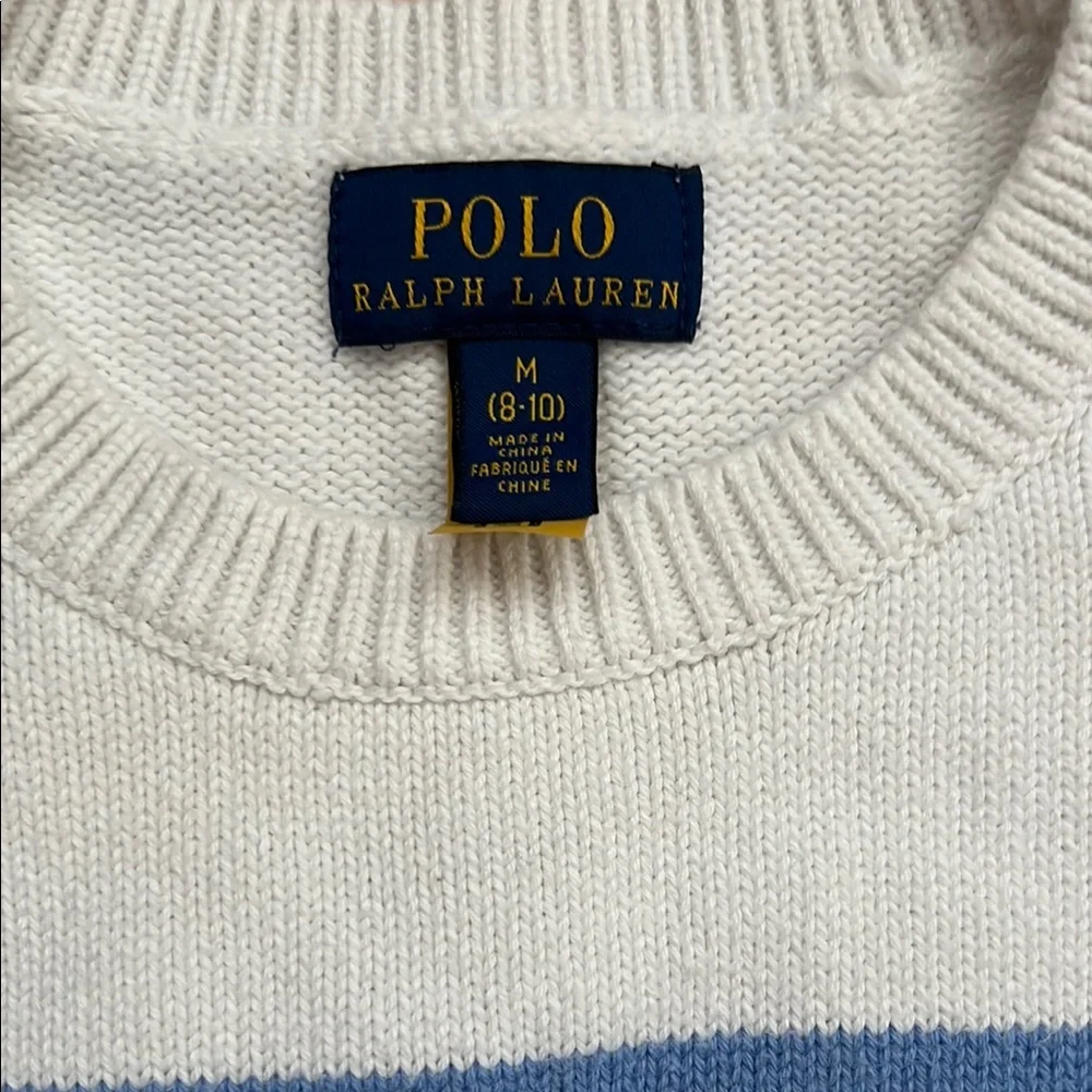 🏇M (8-10) Unisex White & Blue Logo Sweater by Polo by Ralph Lauren / Blue Label